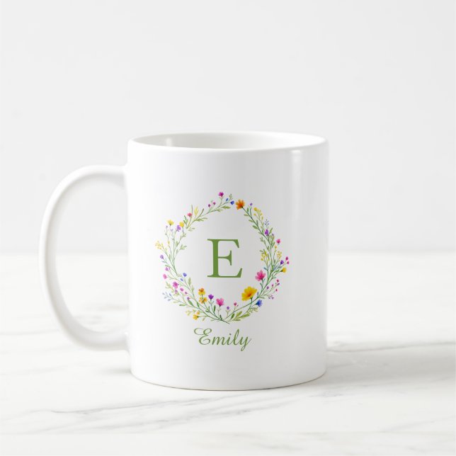 Benutzerdefinierter Wildblumenkranz Monogramm Name Kaffeetasse (Links)