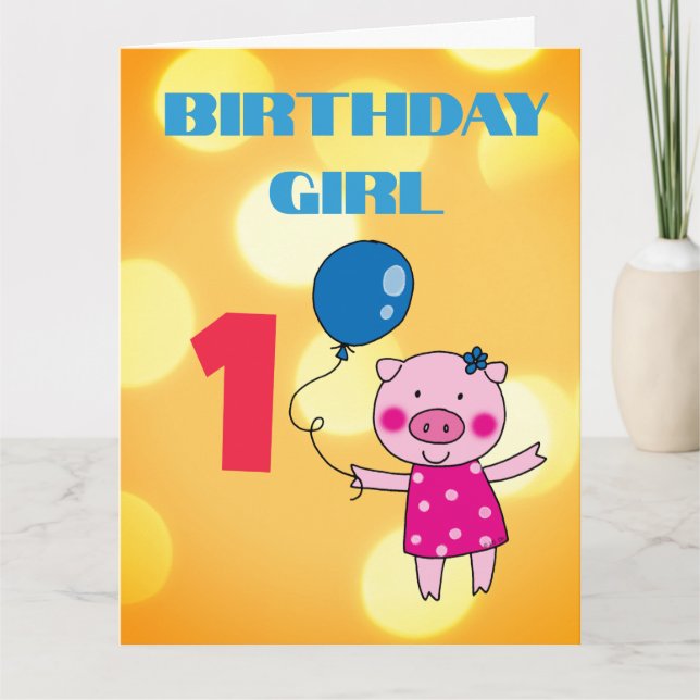 Benutzerdefiniertes 1. Geburtstagsmädchen Schwein Karte (Vorderseite)