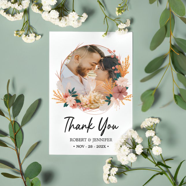 Benutzerdefiniertes 2 Foto | Boho Floral Wildblume Dankeskarte (Boho Floral Wildflower Wedding Thank You Card
)