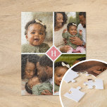 Benutzerdefiniertes 4-Fotolage-Monogramm | Koralle Puzzle<br><div class="desc">Ein besonderes personalisiertes Geschenk mit 4 individuellen Fotos und Monogramm Initial. Verwenden Sie die Entwurfswerkzeuge, um zusätzlichen Text in beliebig vielen Schriftart und Farben hinzuzufügen. Laden Sie mehr Fotos hoch, bearbeiten Sie die Hintergrundfarbe oder wählen Sie eine andere Formatoption, um das Design weiter anzupassen. Puzzles nach Maß sind eine erschwingliche...</div>