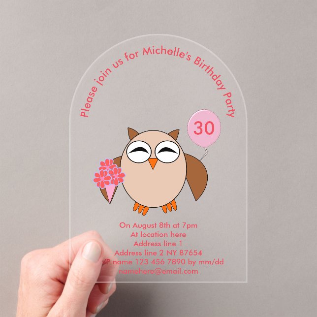 Benutzerdefiniertes Alter Geburtstag Eule-Party Acryleinladungen (Insitu (Handheld))