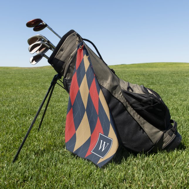 Benutzerdefiniertes Argyle – Rot Navy & Khaki Mono Golfhandtuch (Gras)