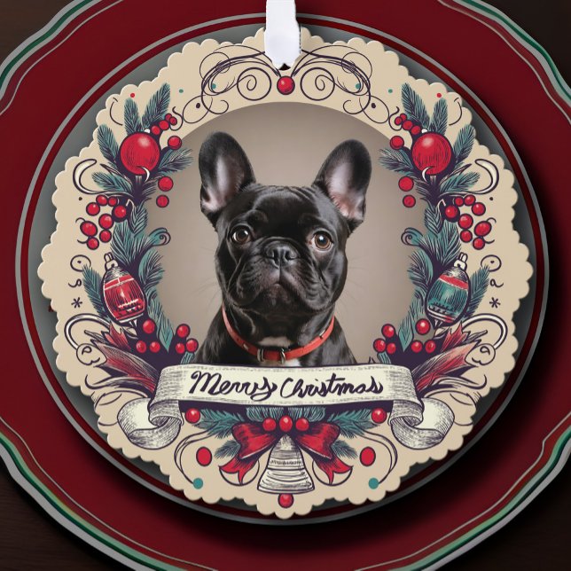 Benutzerdefiniertes Begrüßungsbild für Begleiter i Ornament Karte (Custom Christmas Pet Photo Holiday Picture Greeting Keepsake Ornament Card with vintage wreath frame)