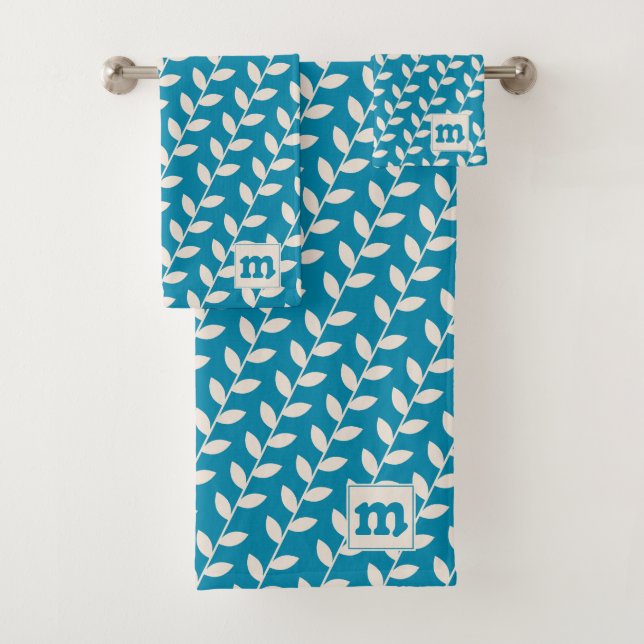 Benutzerdefiniertes Blau 70er Retro-Blattmuster-Mo Badhandtuch Set (Insitu)