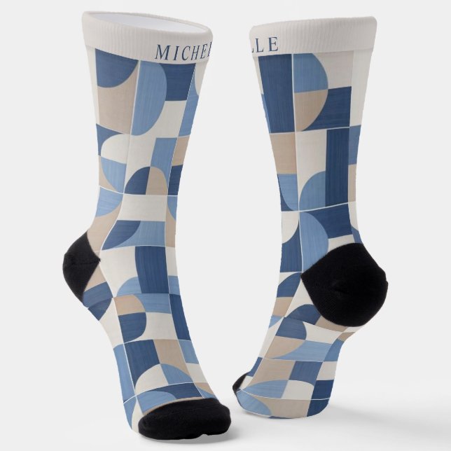 Benutzerdefiniertes Blau Grau Beige Geometrisches  Socken (Gewinkelt)