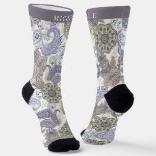 Benutzerdefiniertes Blau Grau Weiß Paisley-Muster Socken