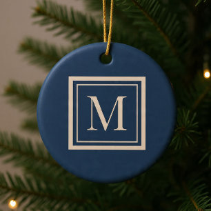 Benutzerdefiniertes Blau & Vanille-Rahmen-Monogram Keramik Ornament