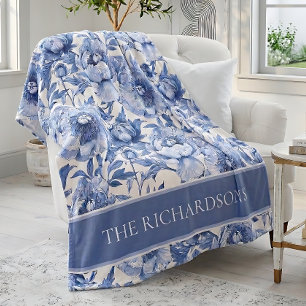 Benutzerdefiniertes Blau-Weiß-Chinoiserie-Blumenmu Fleecedecke