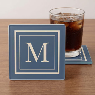 Benutzerdefiniertes blaues und Vanille-Monogramm m Glasuntersetzer