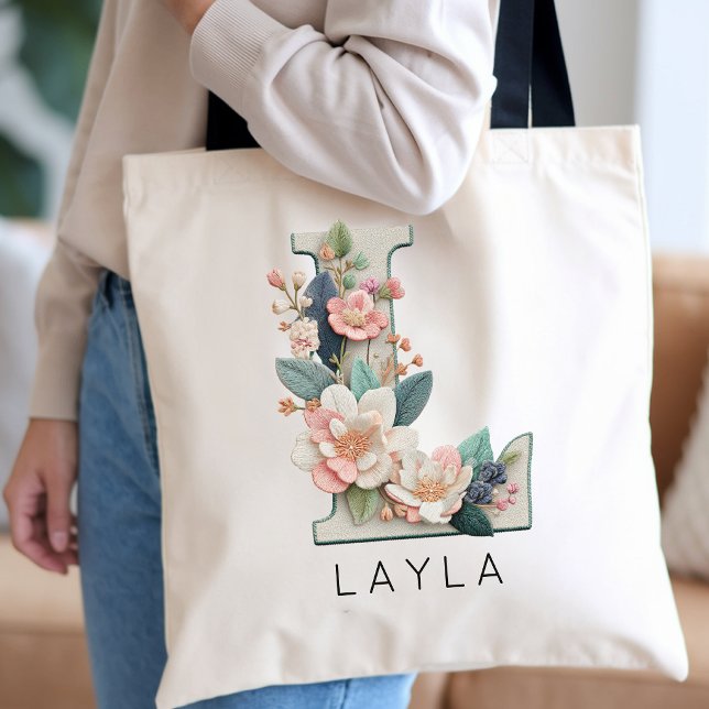 Benutzerdefiniertes Blumenmonogramm Brautjungfer H Tragetasche (Personalized Flower Monogram Wedding Favor Tote | Shabby Chic Floral Initial Tote Bag for Grandma)