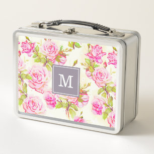 Benutzerdefiniertes Blumenmuster Alte Rose Monogra Metall Lunch Box