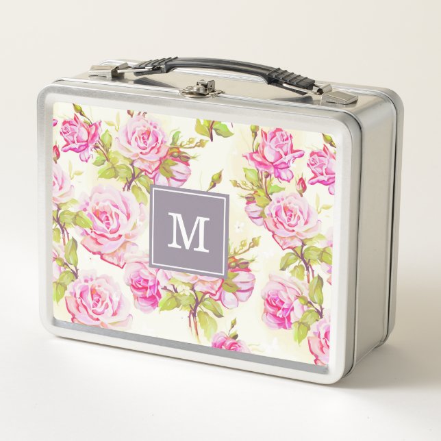 Benutzerdefiniertes Blumenmuster Alte Rose Monogra Metall Lunch Box (Vorderseite)