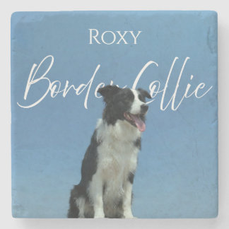 Benutzerdefiniertes Border Collie-Foto Retro Blau- Steinuntersetzer