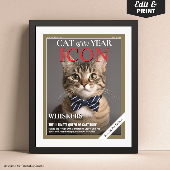 Benutzerdefiniertes Cat Magazine Cover Template Pe Poster (Custom Cat Magazine Cover Template, Cat of the Year Pet Portrait Poster)