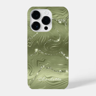 Benutzerdefiniertes Chic Olive Green Silver Glitze iPhone 14 Pro Hülle