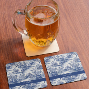 Benutzerdefiniertes Chinoiserie-Muster Pagode Blau Glasuntersetzer