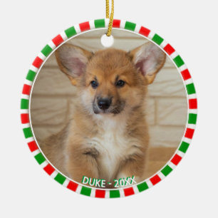 Benutzerdefiniertes Corgi-Hund-Foto und grüner rot Keramik Ornament