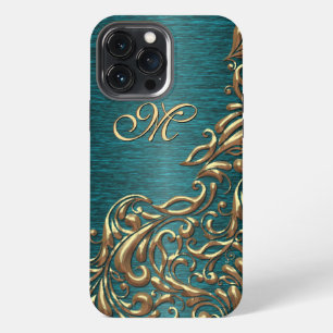 Benutzerdefiniertes Damast-Blumenmuster auf Teal-B iPhone 13 Pro Max Hülle