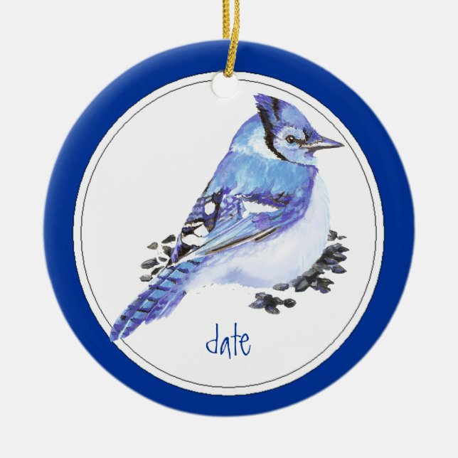 Benutzerdefiniertes Datum Blue Jay Bird Animal Keramik Ornament (Vorne)