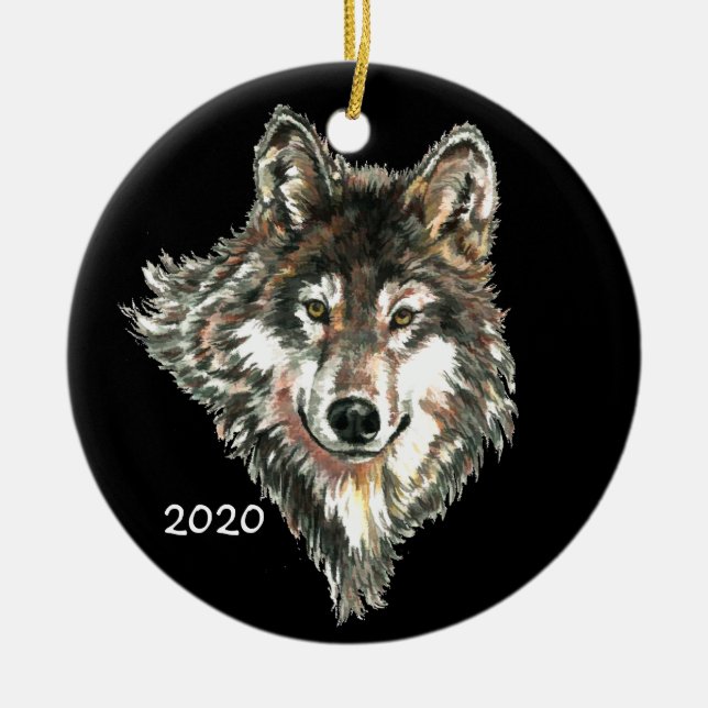 Benutzerdefiniertes Datum oder Text Wolf Kopf Logo Keramikornament (Vorne)