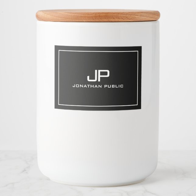 Benutzerdefiniertes elegantes Monogramm moderner e Lebensmitteletikett (Vorderseite)