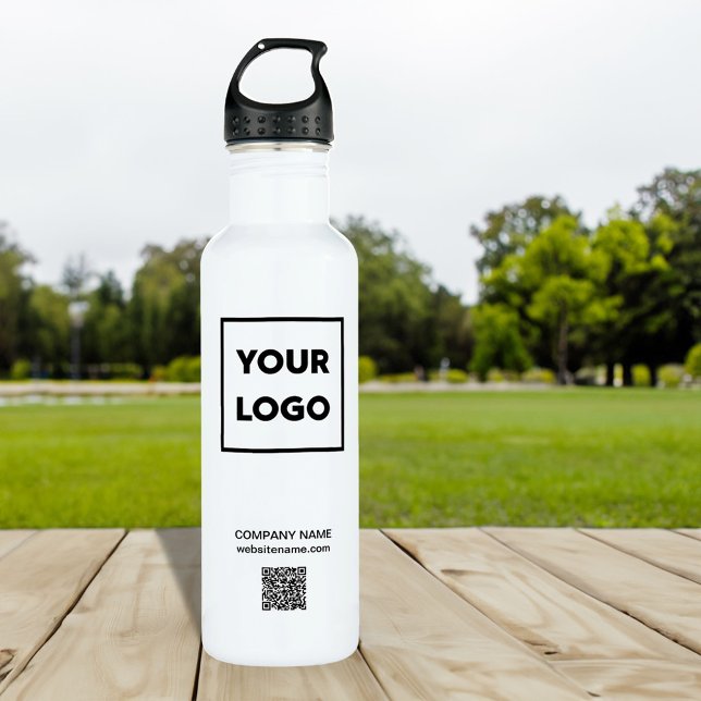 Benutzerdefiniertes Firmenlogo und QR-Code in Weiß Edelstahlflasche (Custom Business Logo and QR Code on White Stainless Steel Water Bottle, in situ)