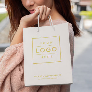 Benutzerdefiniertes Firmenlogo Weiß Gold Branding Mittlere Geschenktüte