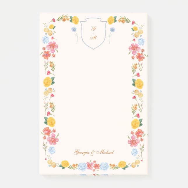 Benutzerdefiniertes florales Wappen-Hochzeitsmonog Post-it Klebezettel (Vorderseite)