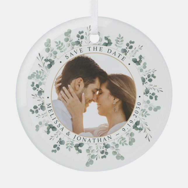 Benutzerdefiniertes Foto Eukalyptus Wedding Save t Ornament Aus Glas (Vorderseite)