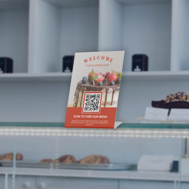 Benutzerdefiniertes Foto für berührungslose QR-Cod Sockelschild (Custom Photo Contactless QR code Menu Bakery Pedestal Sign)
