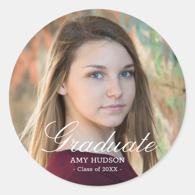 Benutzerdefiniertes Foto für das White Script-Grad Runder Aufkleber (Vorderseite)