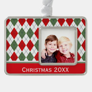 Benutzerdefiniertes Foto für grüne und rote Raute Rahmen-Ornament Silber