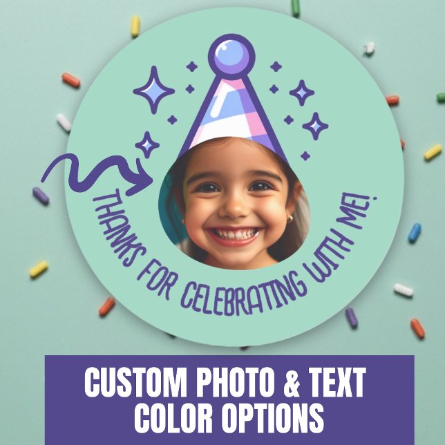Benutzerdefiniertes Foto Geburtstag Dank Party Hat Runder Aufkleber (Custom Photo Birthday Thanks Party Hat Favors Classic Round Sticker.)