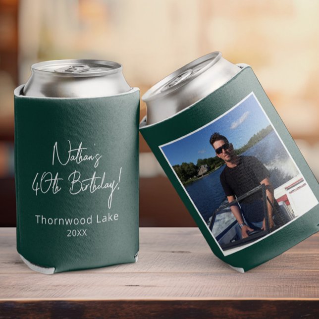 Benutzerdefiniertes Foto Geburtstagspartei Günstig Dosenkühler (hunter green birthday can cooler with a photo on it, other side shows custom text in a script font )