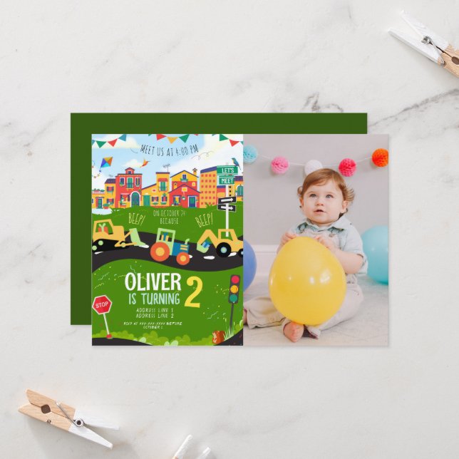 Benutzerdefiniertes Foto, Grüner Traktor, Geburtst Einladung (Vorderseite/Rückseite Beispiel)