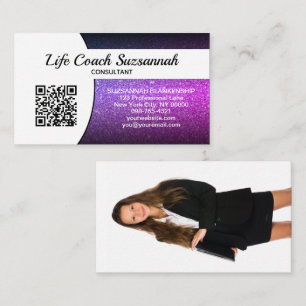 Benutzerdefiniertes Foto Lila Ombre Glitzer QR Ber Visitenkarte
