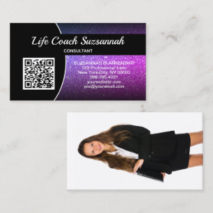 Benutzerdefiniertes Foto Lila Ombre Glitzer QR Ber Visitenkarte