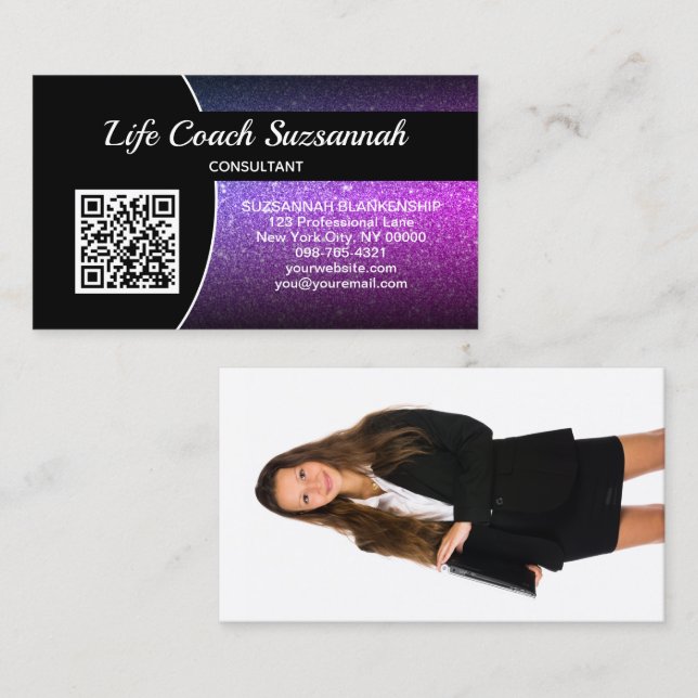 Benutzerdefiniertes Foto Lila Ombre Glitzer QR Ber Visitenkarte (Vorne/Hinten)