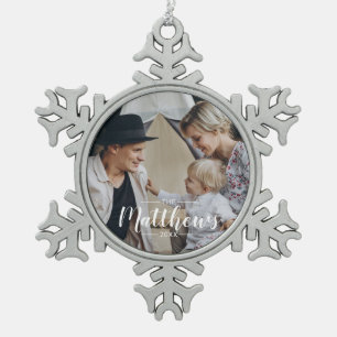 Benutzerdefiniertes Foto mit Familienname Schneeflocken Zinn-Ornament