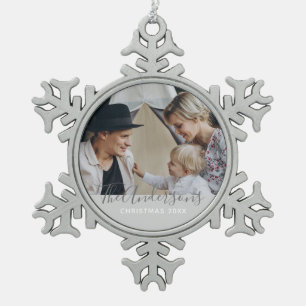 Benutzerdefiniertes Foto mit Familienname Schneeflocken Zinn-Ornament