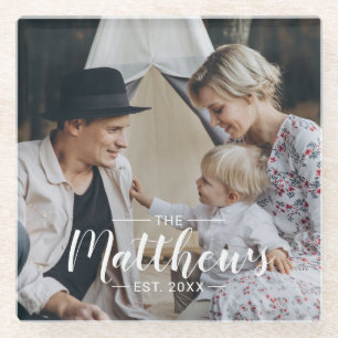 Benutzerdefiniertes Foto mit Familienname und Grün Glasuntersetzer