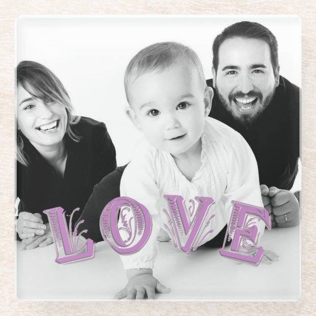 Benutzerdefiniertes Foto mit Liebe Lettern Overlay Glasuntersetzer (Vorderseite)