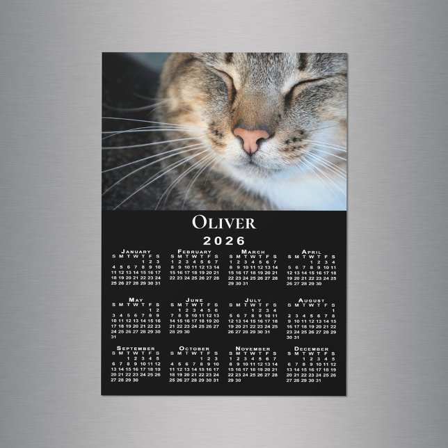 Benutzerdefiniertes Foto Name 2026 Kalender Schwar Magnetkarte (Custom Pet Photo Name 2026 Calendar Black Magnet in situ)
