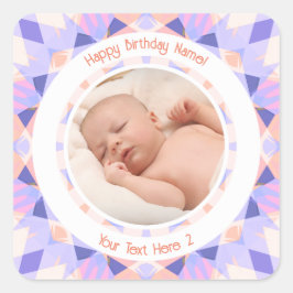 Benutzerdefiniertes Foto Name Alter Rosa Lila Gebu Quadratischer Aufkleber