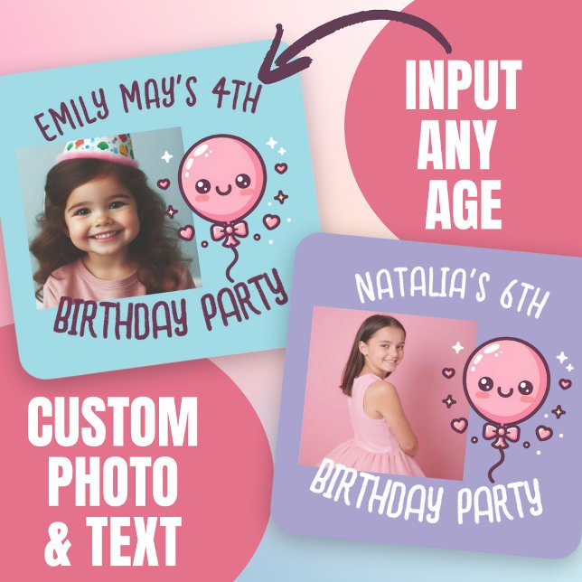 Benutzerdefiniertes Foto Niedliche Geburtstag hinz Quadratischer Aufkleber (Custom Photo Add Name Cute Birthday Balloon Square Sticker.)
