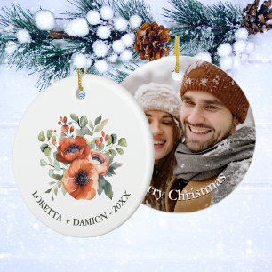 Benutzerdefiniertes Foto Orange Florales Weihnacht Keramik Ornament