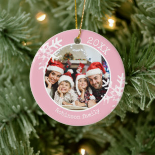 Benutzerdefiniertes Foto Rosa Schneeflocke Keramik Ornament