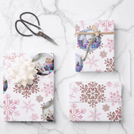 Benutzerdefiniertes Foto Rot und Rosa Schneeflocke Geschenkpapier Set