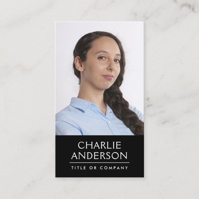 Benutzerdefiniertes Foto schwarz Vertikal-Modernit Visitenkarte (Vorderseite)