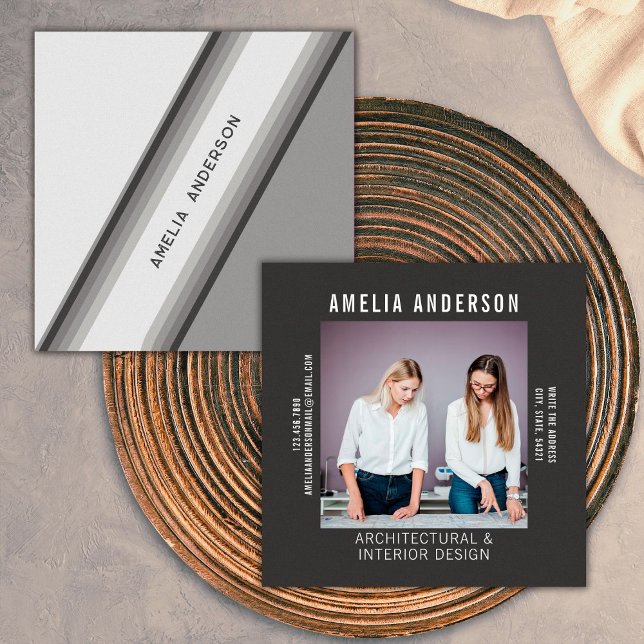 Benutzerdefiniertes Foto Schwarz/Weiß Retro Streif Quadratische Visitenkarte (Front/Back)